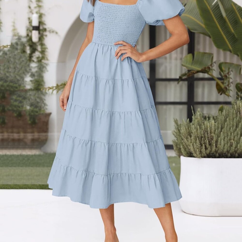 Women's 2025 Summer Square Neck Short Puff Sleeve Solid Color High Waist Casual - Picture 8 of 9